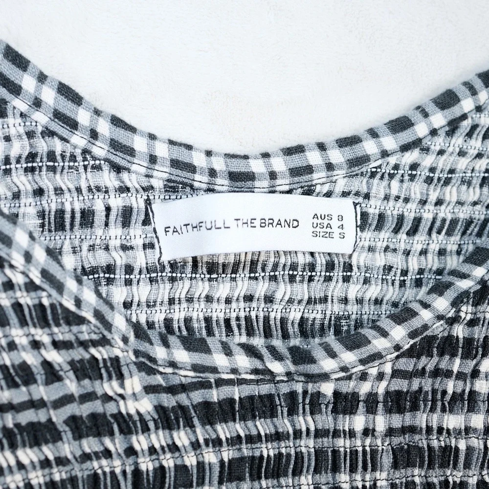 Faithfull The Brand Black White‎ Gingham Linen Smocked Puff Sleeve Blouse S